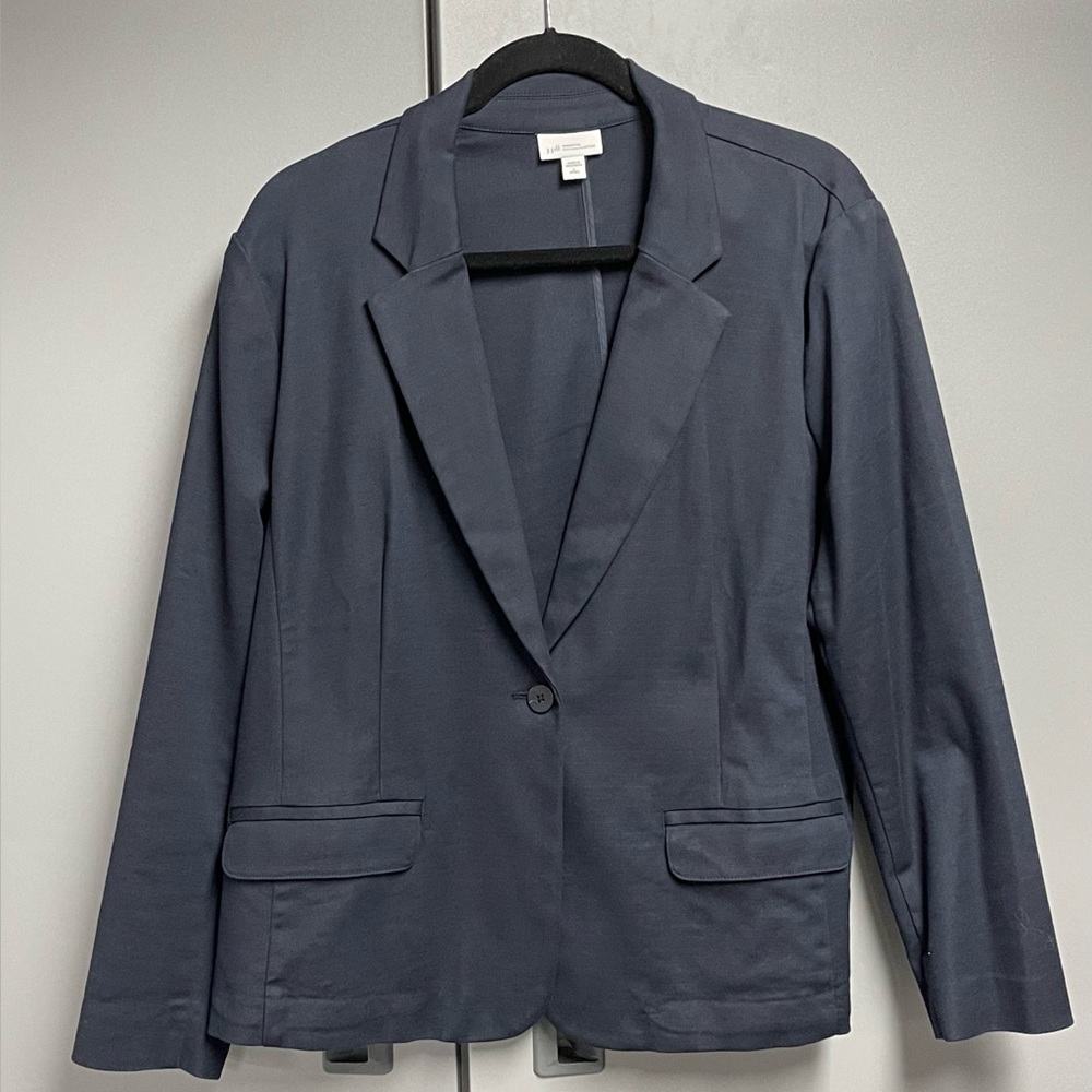 J Jill Essential Cotton Stretch Blazer- Navy Blue. Petite, Size Large